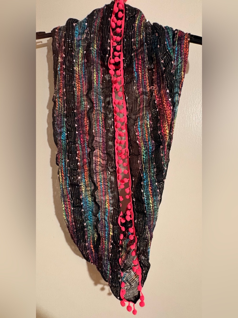 Multicolor  Striped infinity Scarf with Pink Pom Trim and sequin detailing
